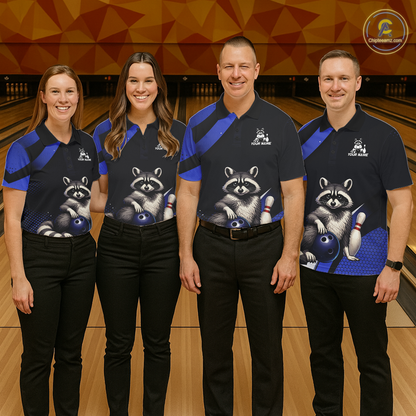 Custom Blue Ugly Raccoon Bowling Shirt for Men Bowling League Polo & Quarter-Zip Gift QZT853