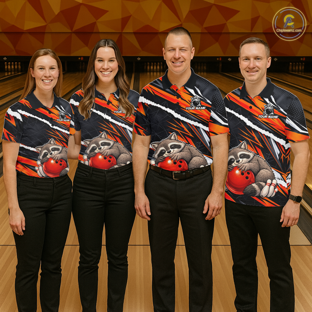 Custom Orange Raccoon Funny Bowling Jersey for Women Bowling Team Shirts Polo & 1/4 Zip HNT247