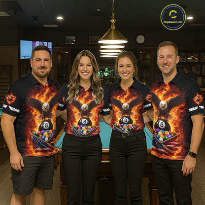 Fire Flame Eagle US Flag Pool Ball 3D Billiard Shirt For Men Personalized 8 Ball Billiard Attire NYN2587