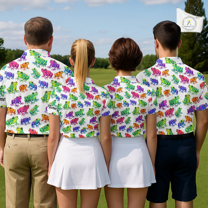 Funny Colorful Frog Pattern Womens Golf Polo Shirts Custom Watercolor Golf Attire For Ladie, Golf Gift NHN0134