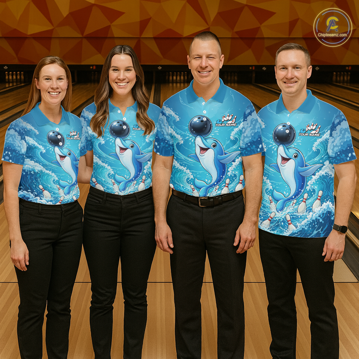 Custom Funny Dolphin Bowling Polo Shirt Blue Ocean Team Jersey Bowling Outfit for Women QZT857