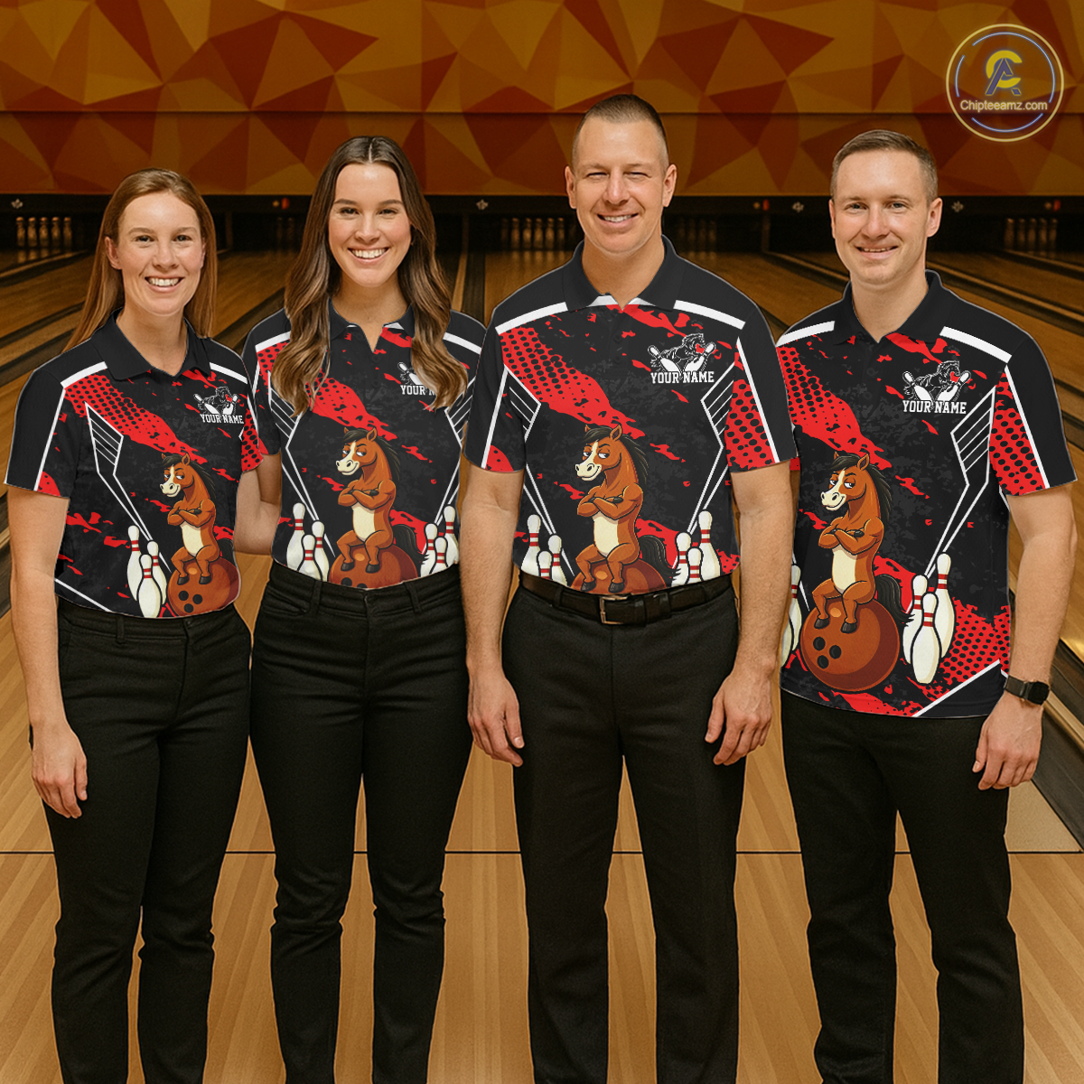 Custom Red Funny Horse Bowling Tournament Jersey for Men Bowling Team Shirts Polo & 1/4 Zip HNT180