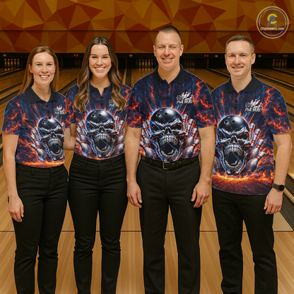 Custom Skull Bowling Jersey for Men - Flaming Strike Personalize Bowling Team Shirt Polo & 1/4 Zip HNT215