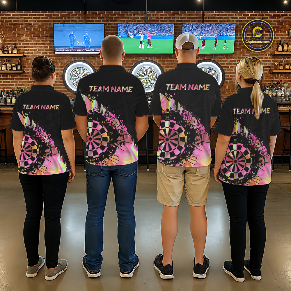 Pink Holographic Dartboard Grunge Darts Polo Shirts For Women Custom Name For Darters NYN2705