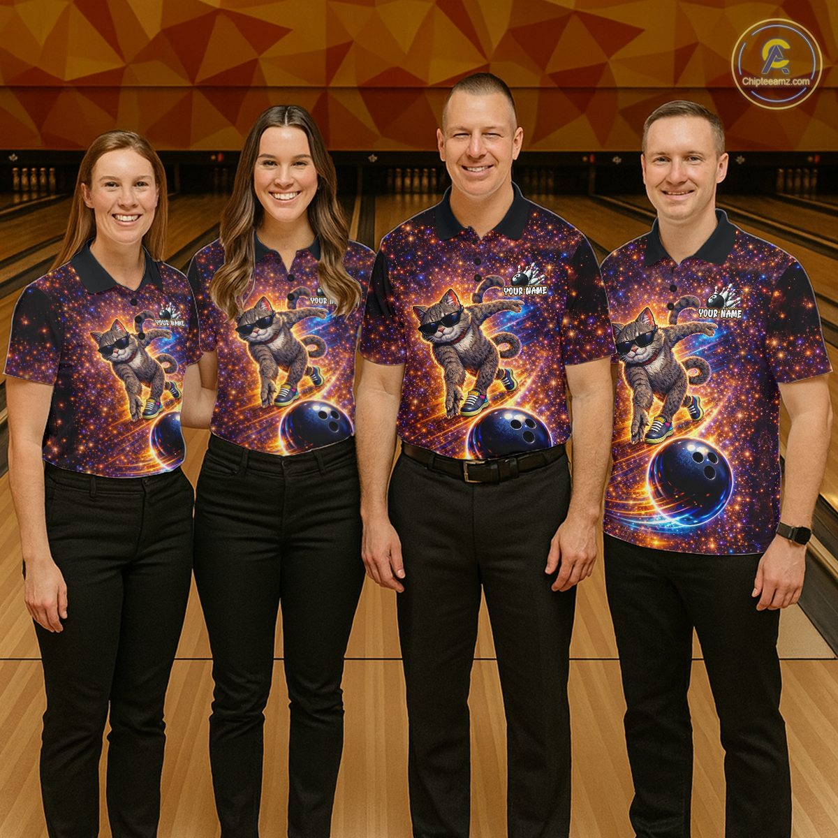 Custom Galaxy Funny Cat Bowling Shirt for Men Bowling League Jersey Polo & Quarter-Zip Bowling Outfit QZT917