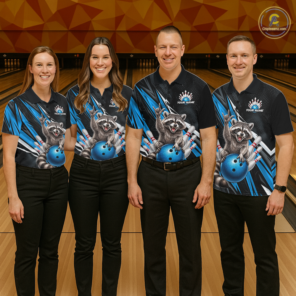 Custom Turquoise Raccoon Bowling Jersey for Women Bowling Team Shirts Bowling Polo & 1/4 Zip HNT254