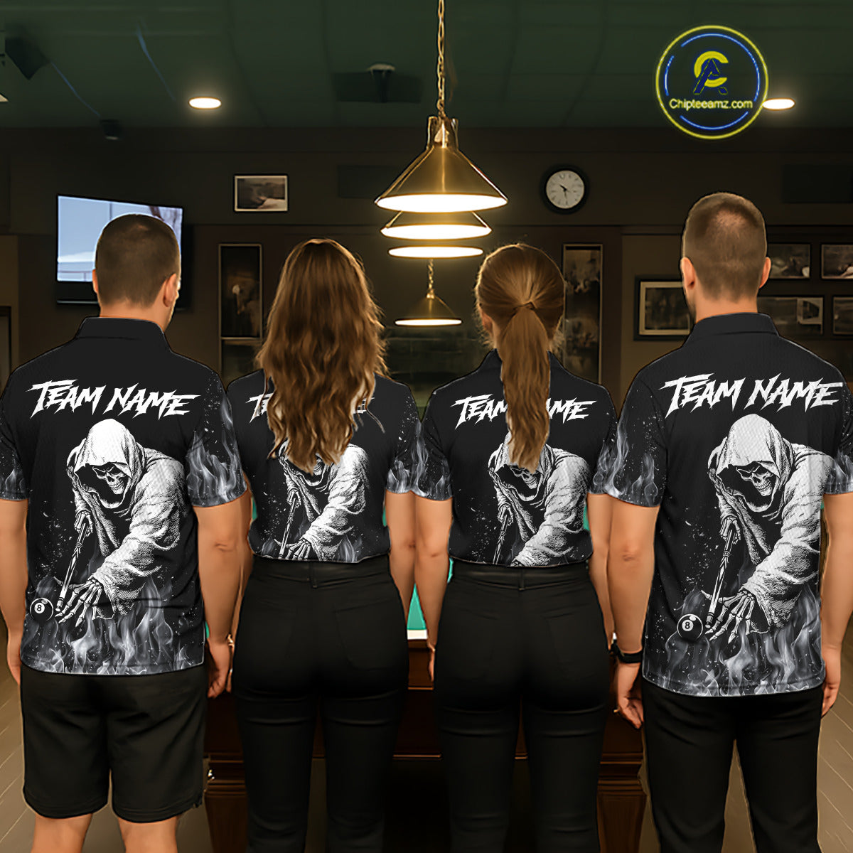 Grey Skeleton Play Pool Billiard Shirt For Women Custom Fire Flame Billiard Jersey, Billiards Gifts NYN3139