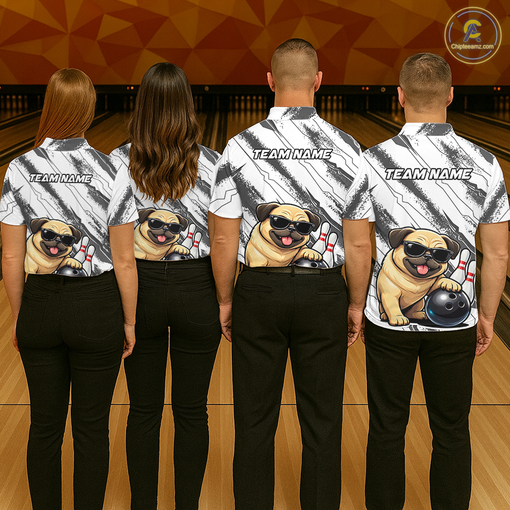 Funny Pug Dog Bowling Team Shirt for Men Custom Bowling Jersey Polo & 1/4-Zip Bowling Unisex QZT984