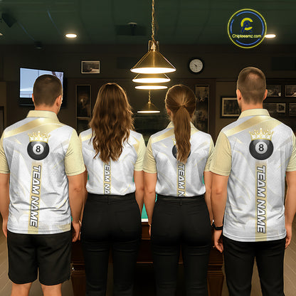 Personalized White And Gold Crown 8 Ball Pool Billiard Polo & 1/4 Zip For Men, Billiard Team Attire NYN3014
