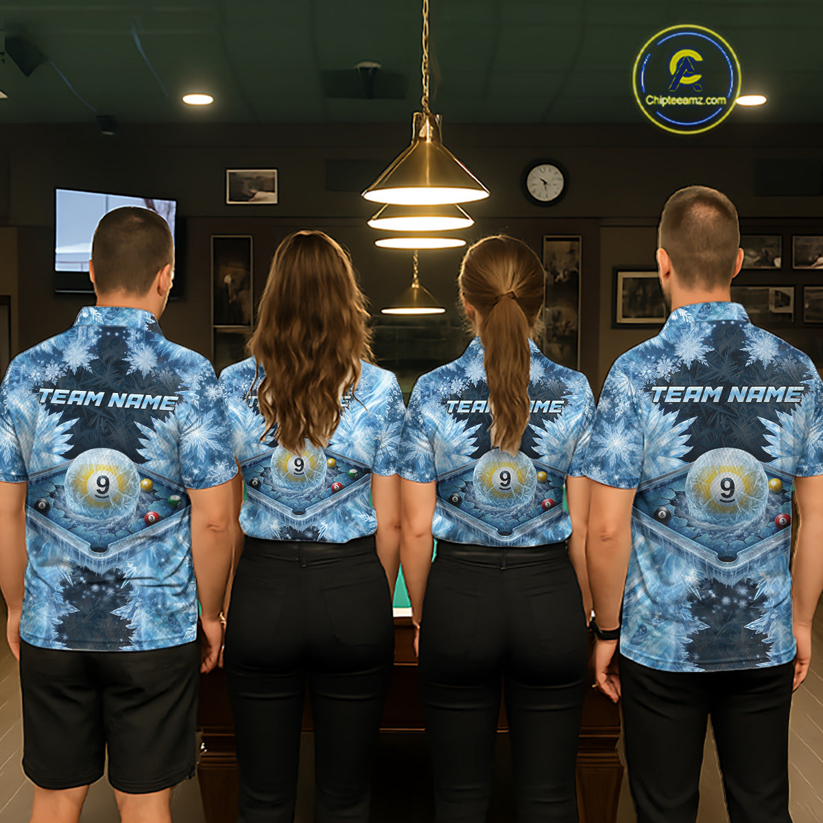 Icy Pattern Blue 9 Ball Pool Billiard Team Shirt For Men Custom Snowflake Billiards Ball Attire NYN3043