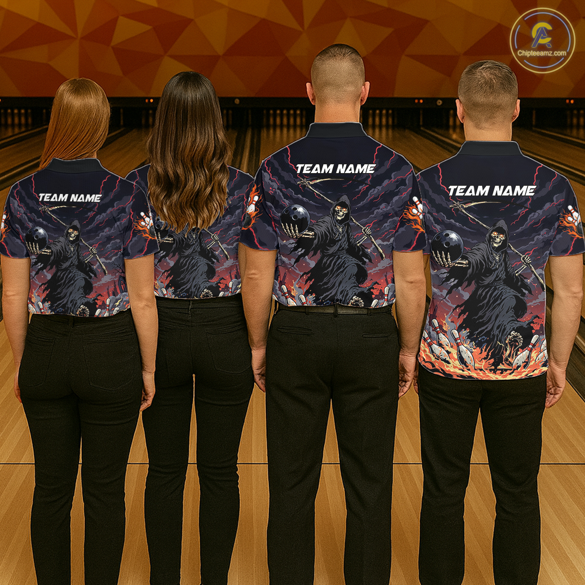Custom Grim Reaper Flame Bowling Jersey for Men Bowling Team Shirts Polo & 1/4 Zip HNT193