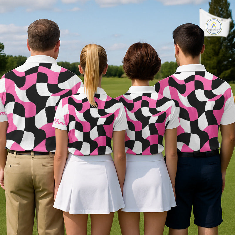 Mens Golf Polo Shirt Custom Pink Checkerboard Argyle Pattern Golf Attire For Men, Golf Gifts NHN0124