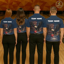 Load image into Gallery viewer, Group of four wearing custom navy patriotic bowling shirts back view featuring a bald eagle and American flag, displaying Team Name, at the bowling alley