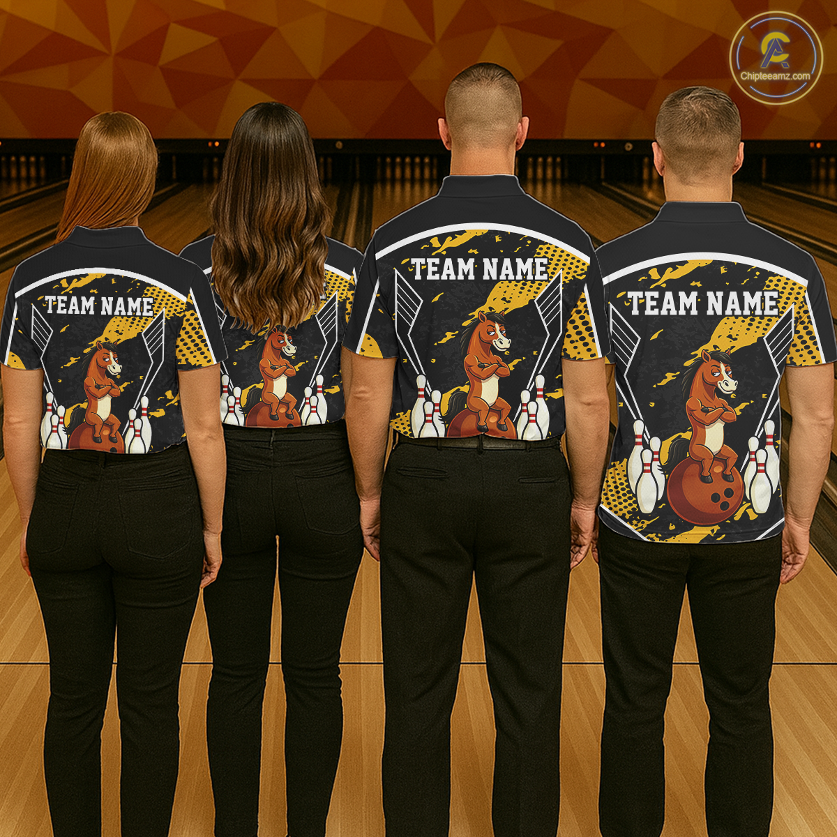 Custom Yellow Funny Horse Bowling Tournament Jersey for Men Bowling Team Shirts Polo & 1/4 Zip HNT180