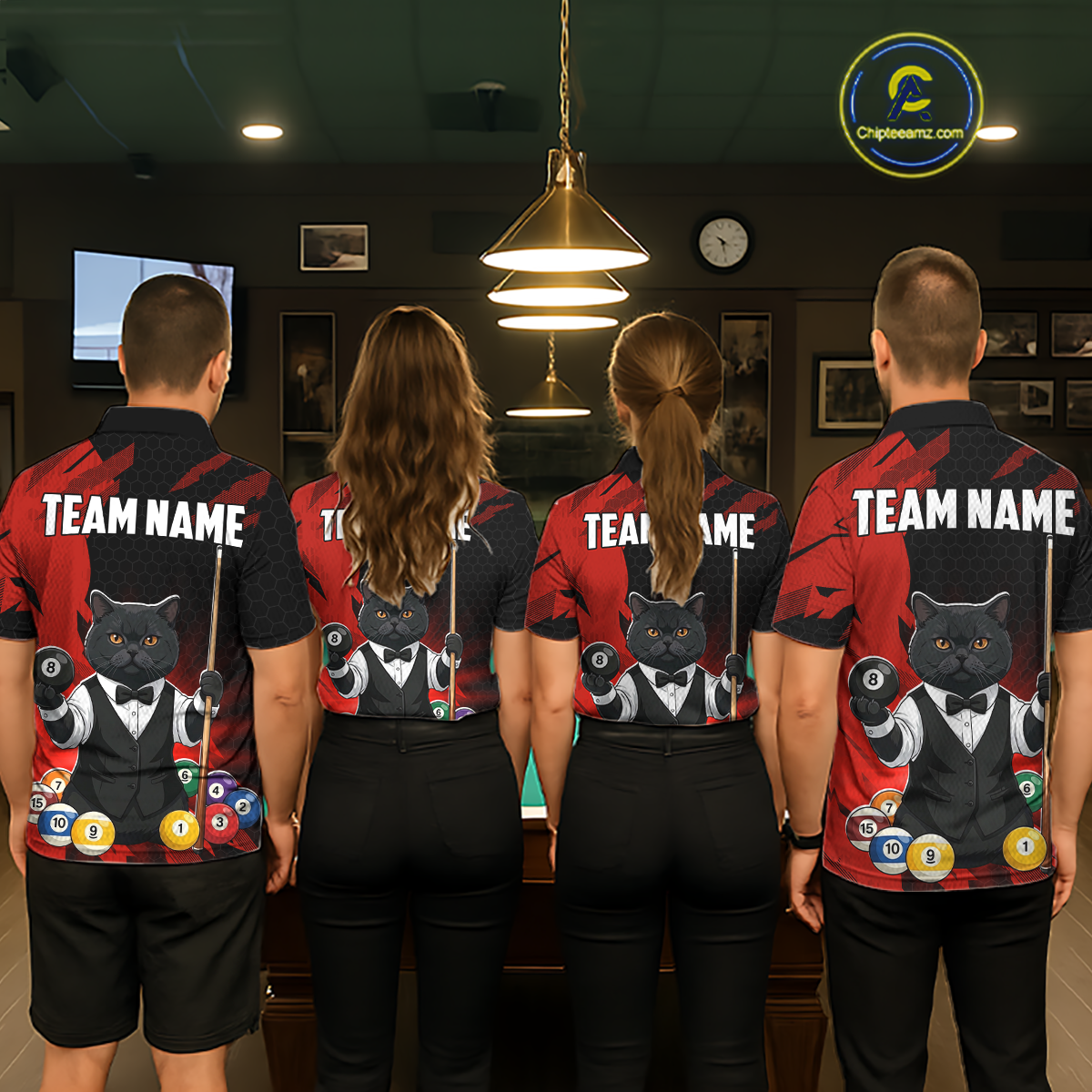 Custom Black Cat 8 Ball Pool Shirts Red Billiard Shirt for Men Billiard Team Jersey Billiard Gift NNT181