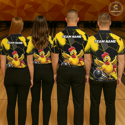 Custom Black & Yellow Funny Chicken Bowling Shirt for Men Bowling Team Jersey Polo & Quarter-Zip QZT1010