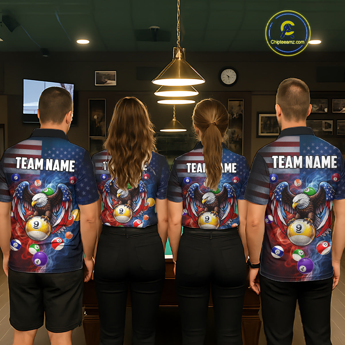 Blue & Red Flames Eagle 8 Ball 9 Ball Pool Billiard Shirt For Women Custom US Flag Billiard Jersey NYN3050
