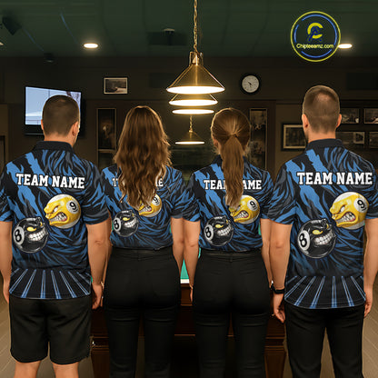 Funny 8 Ball & 9 Ball Billiard Polo & 1/4 Zip For Men Custom Pool Cue Pattern Billiard Jerseys |Blue NYN3018