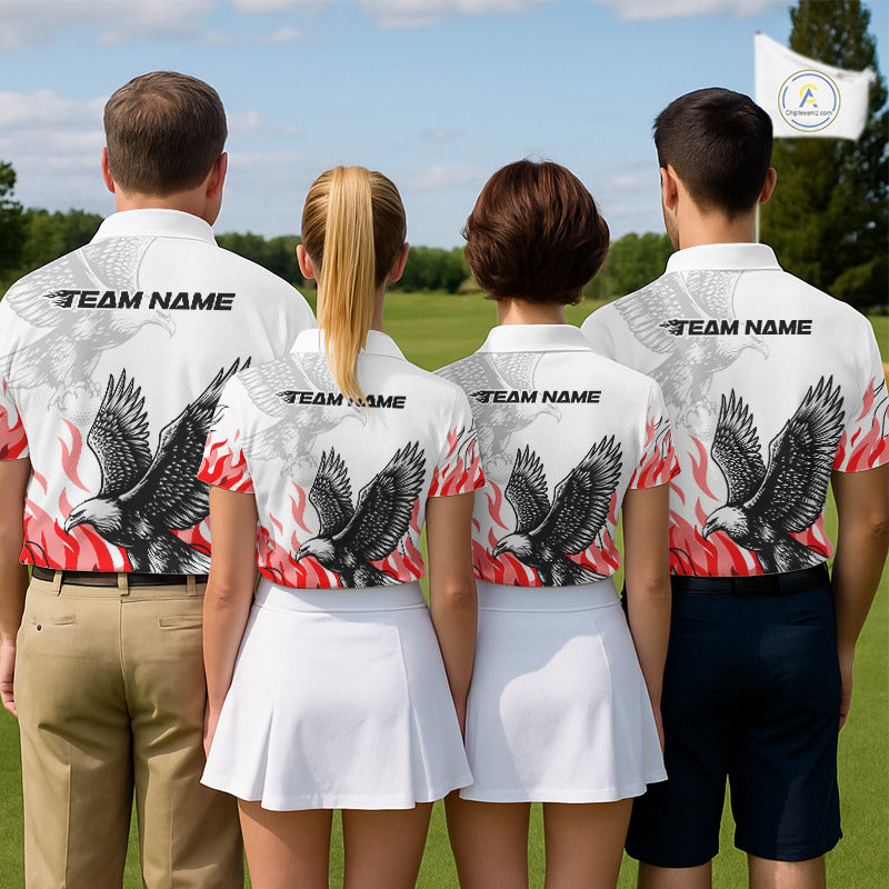 Womens Golf Polo Shirt Custom Eagle Red Flame Team Golf Tops, White Golf Outfit For Women NHN0070