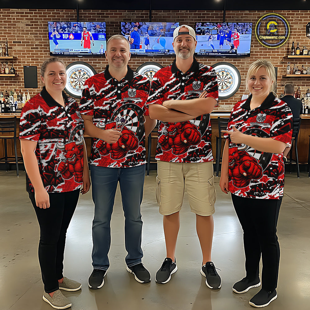 Personalized Men Darts Bull Grunge Red Polo Shirt Custom Name Polo 1/4-Zip Shirt Gift For Darters NYN2856