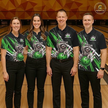 Custom Green Raccoon Bowling Jersey for Men Bowling Team Shirts Bowling Polo & 1/4 Zip HNT254
