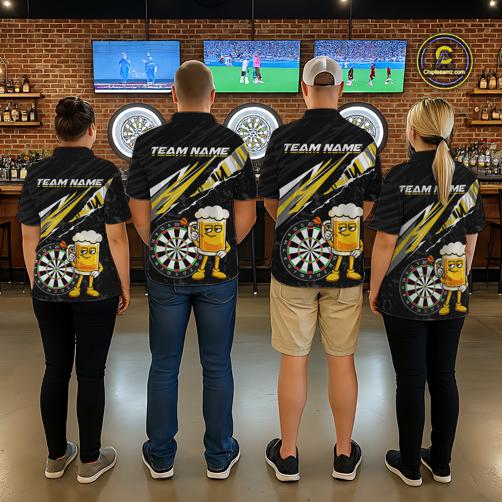 Custom Yellow Funny Beer Dart Shirts for Women Darts Team Jerseys Dart Tournament Polo & 1/4 Zip NNT139