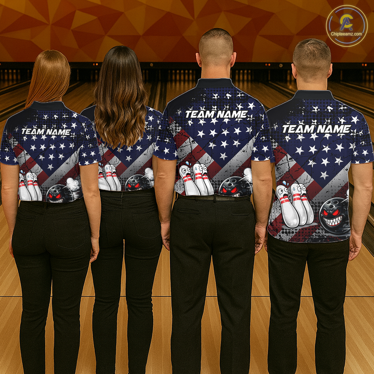 Custom American Flag Funny Bowling Team Shirt for Men Polo & Quarter-Zip Bowling Jersey Blue Red White QZT928
