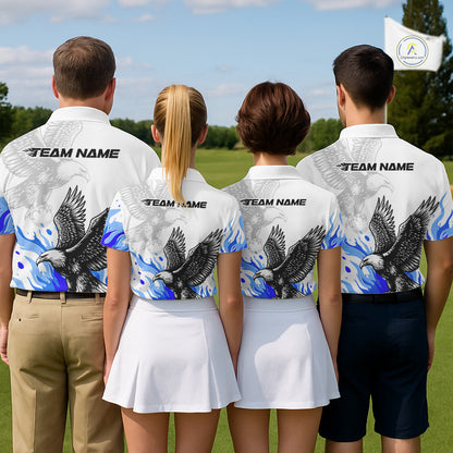 Womens Golf Polo Shirt Custom Eagle Blue Flame Golf Tops, Personalized White Golf Outfit For Women NHN0070