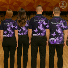 Load image into Gallery viewer, Custom Purple Galaxy Butterflies Bowling Shirt for Men Butterfly Bowling Team Jersey Bowling League HNT277