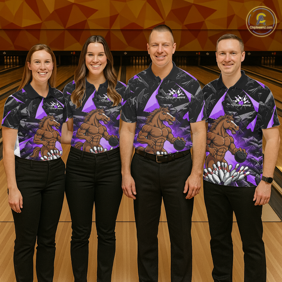Custom Purple Funny Horse Bowling Jersey for Men Bowling Team Shirts Bowling League Polo & 1/4 Zip HNT183
