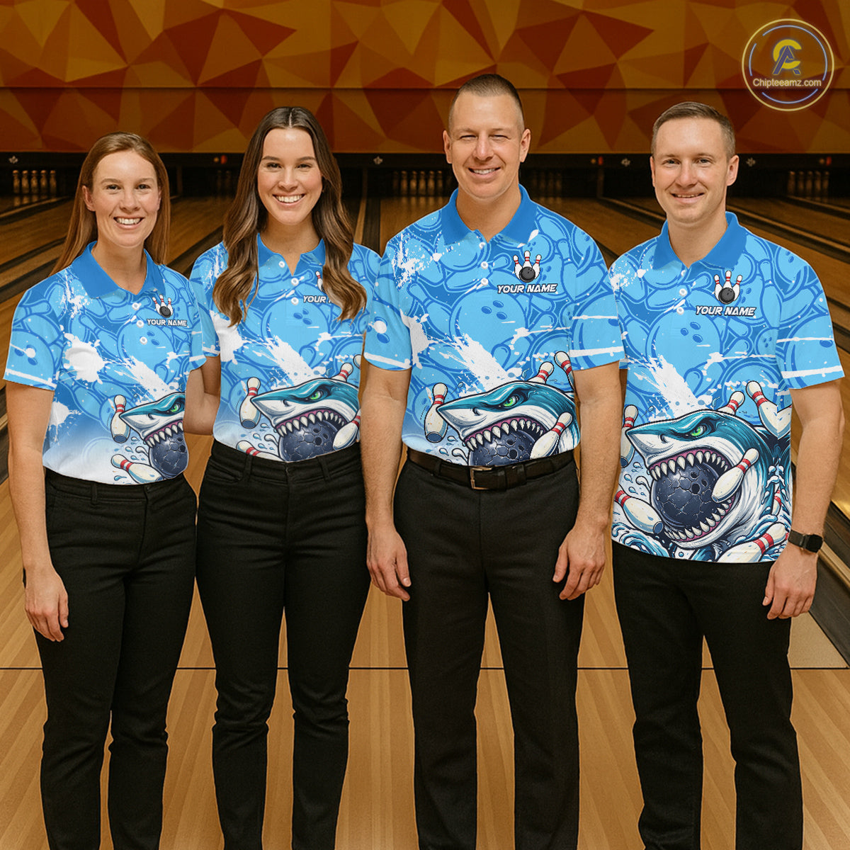 Blue Bowling Camo Angry Shark Bowling Polo, 1/4 Zip Shirts for Women Custom Shark Team Bowling Jersey NQS11605