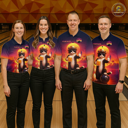 Custom Beer Cat Retro Bowling Shirt for Women Cat Funny Beer Bowling Team Jersey Polo &1/4 Zip HNT275