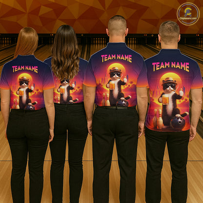 Custom Beer Cat Retro Bowling Shirt for Men Cat Funny Beer Bowling Team Jersey Polo &1/4 Zip HNT275