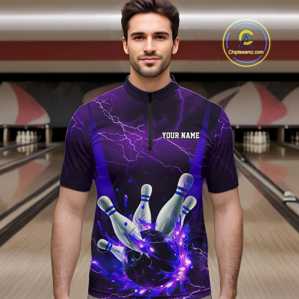 Purple Thunder Lightning Custom Bowling Shirts For Men, Flame Bowling Jerseys With Team Name IPHW7161