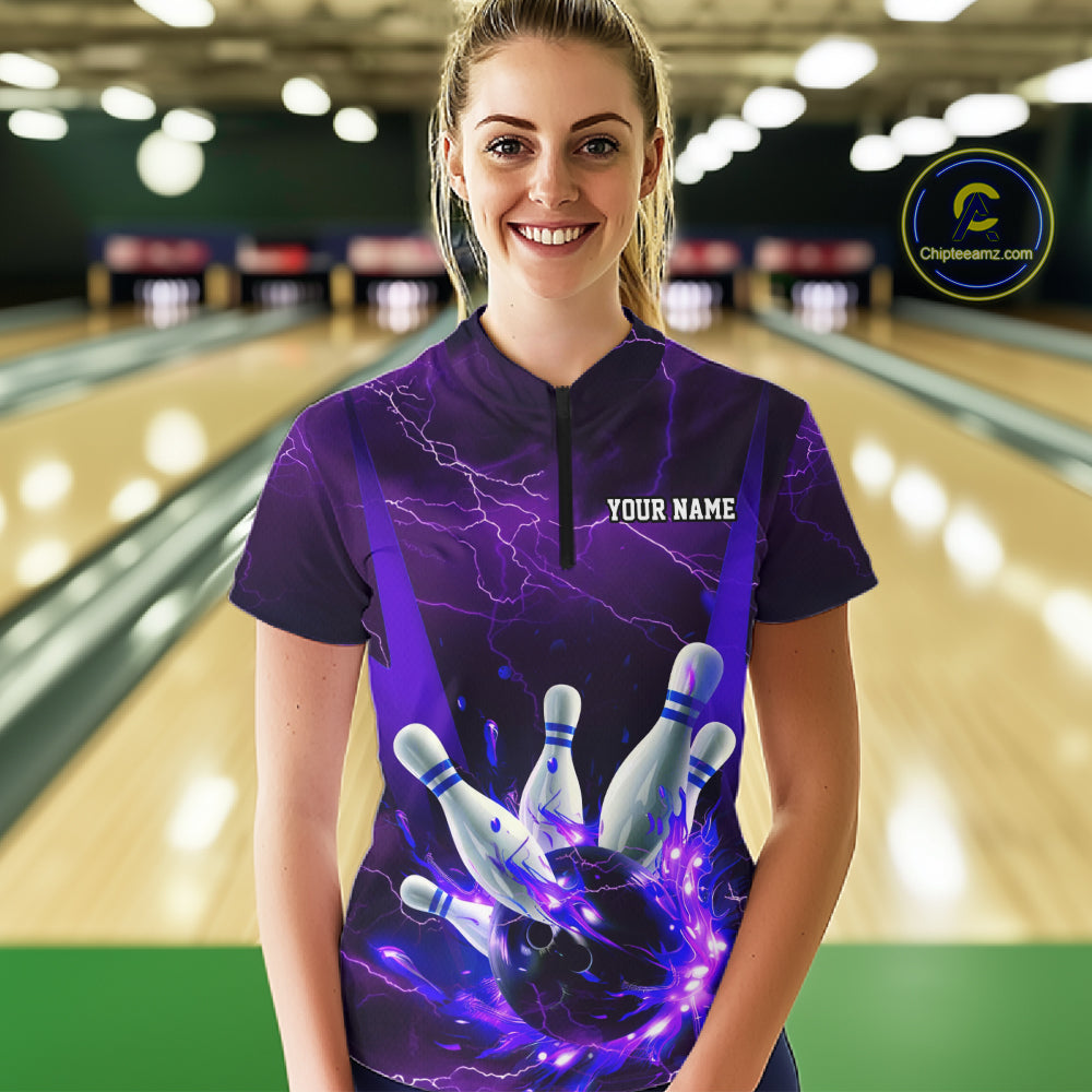 Purple Thunder Lightning Custom Ladies Bowling Shirts, Flame Bowling Jerseys With Team Name IPHW7161