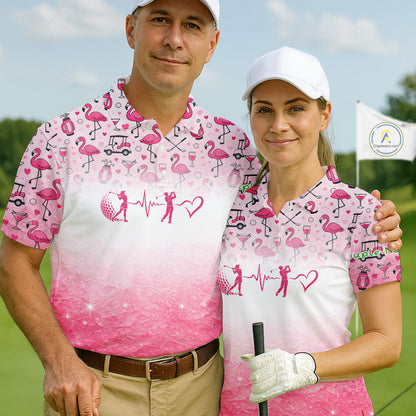 Pink Flamingo Heart Theme Matching Golf Polo Shirt For Couple Custom Couple Valentines Outfit NHN0145