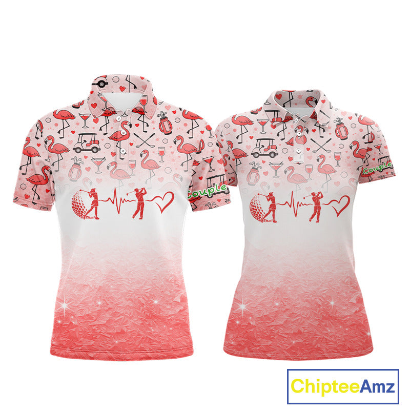 Red Flamingo Heart Theme Matching Golf Polos For Couple Custom Couple Valentines Outfit NHN0145