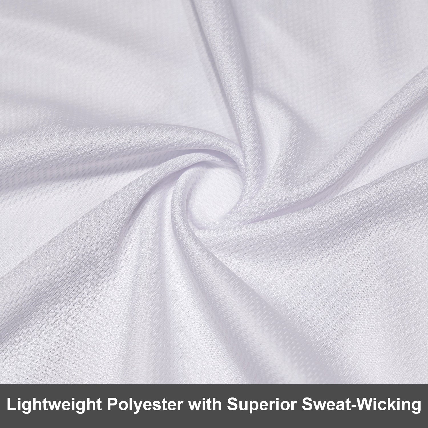 Close-up of a white lightweight polyester fabric with superior sweat-wicking properties.
