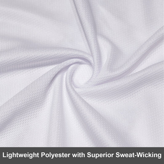 Close-up of a white lightweight polyester fabric with superior sweat-wicking properties.