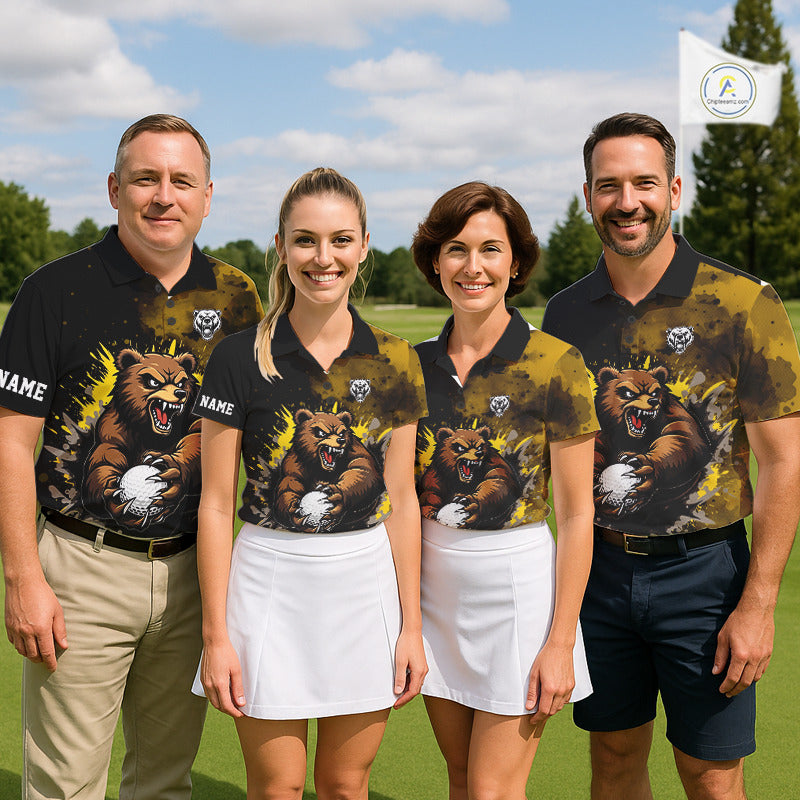 Mens Golf Polo Shirts Custom Yellow And Black Grunge Pattern With Bear Grasping Golf Ball Apparel NHN0063
