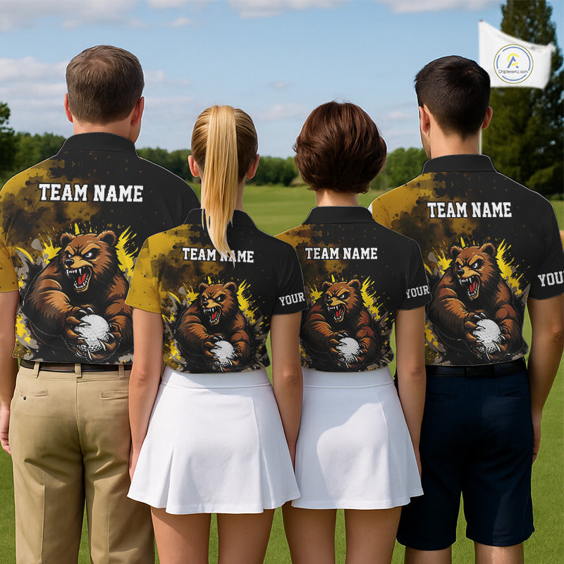 Womens Golf Polo Shirts Custom Yellow And Black Grunge Pattern With Bear Grasping Golf Ball NHN0063