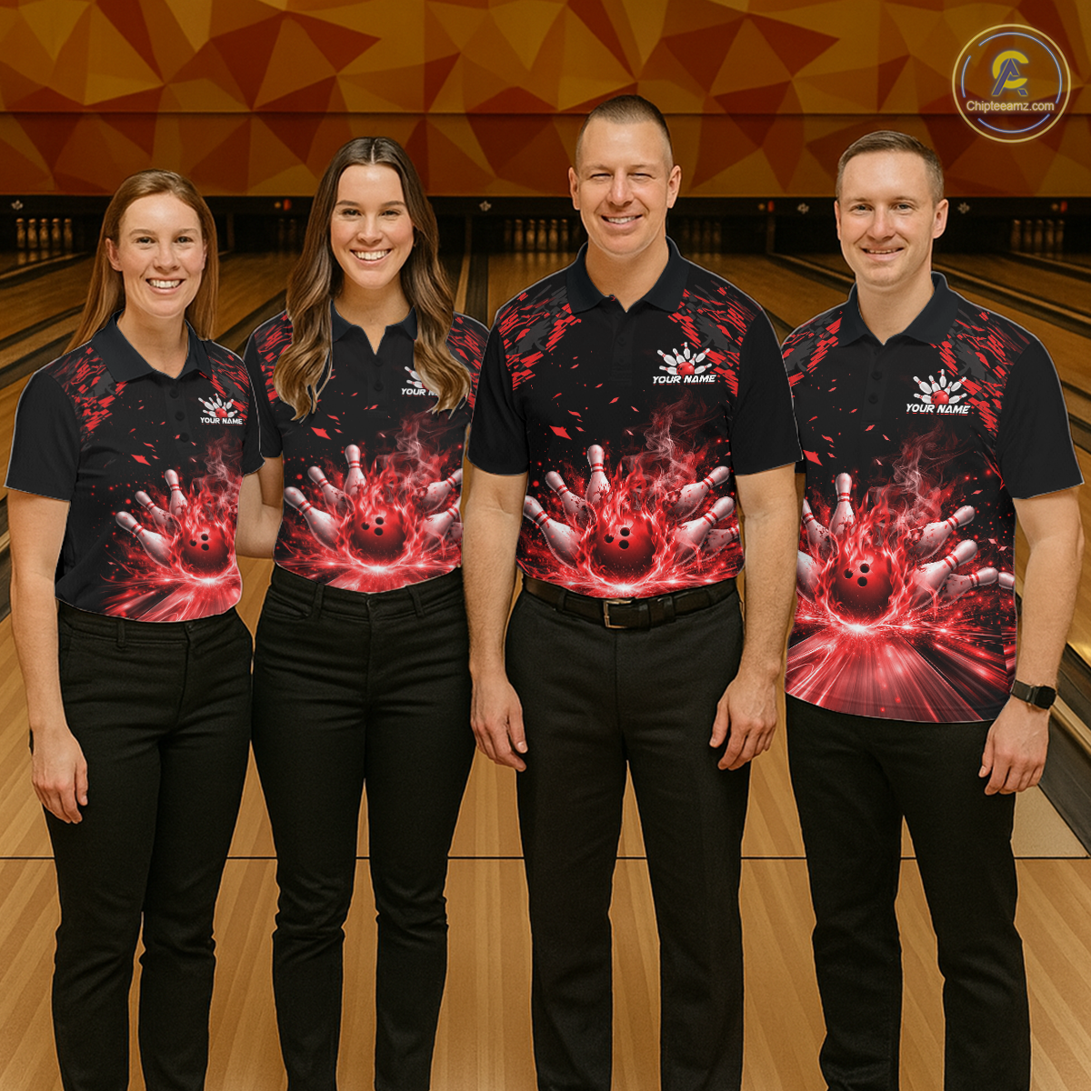 Custom Red Flame Bowling Team Shirt for Men Polo & 1/4-Zip Bowling Jersey Bowling League Uniform QZT866