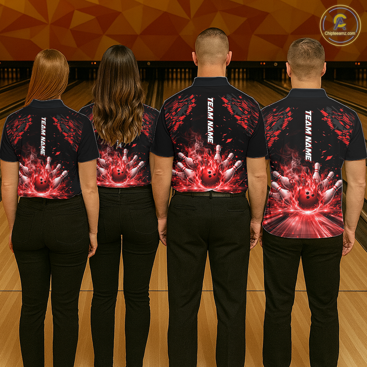 Custom Red Flame Bowling Team Shirt for Men Polo & 1/4-Zip Bowling Jersey Bowling League Uniform QZT866