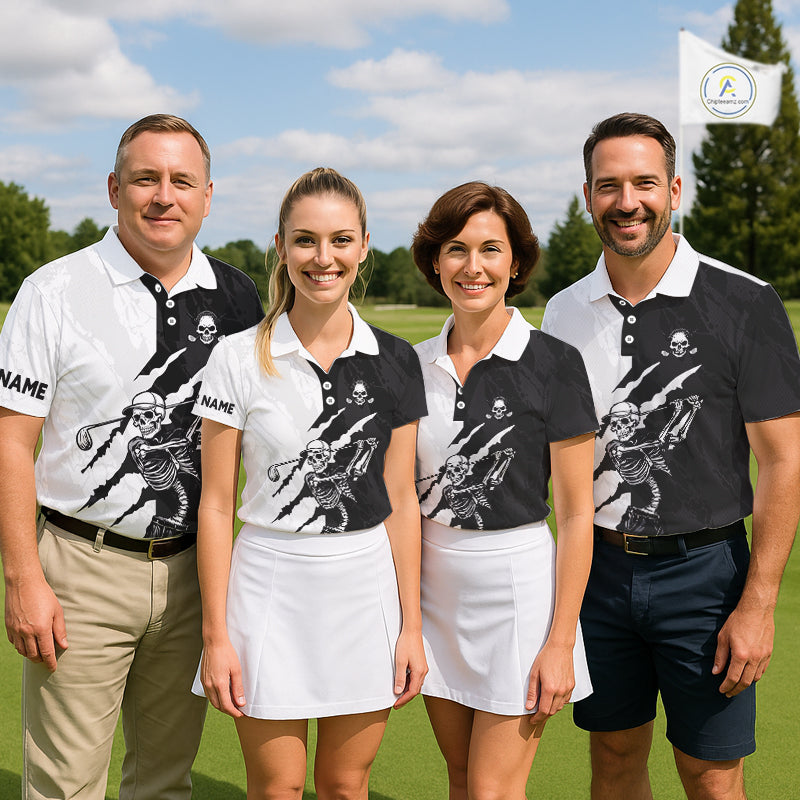 Funny Skull Golf Polo Shirts Black And White Golf Clubs Camo Pattern Custom Skull Playing Golf Apparel NHN0047