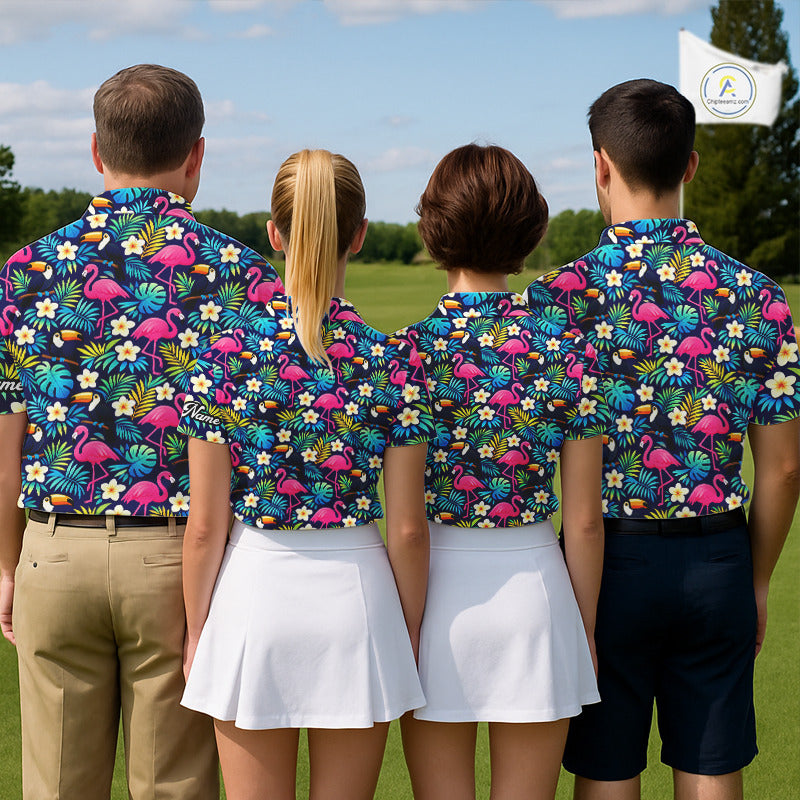 Womens Golf Polo Shirt Flamingo Floral Pattern, Colorful Tropical Leaves Custom Team Golf Shirt NHN0194