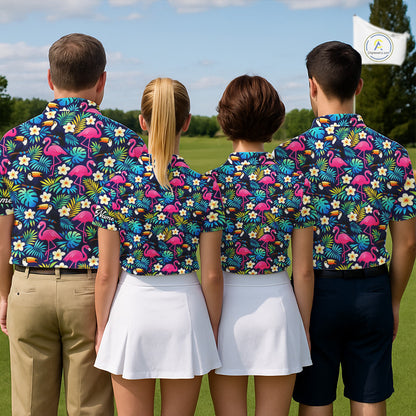 Womens Golf Polo Shirt Flamingo Floral Pattern, Colorful Tropical Leaves Custom Team Golf Shirt NHN0194