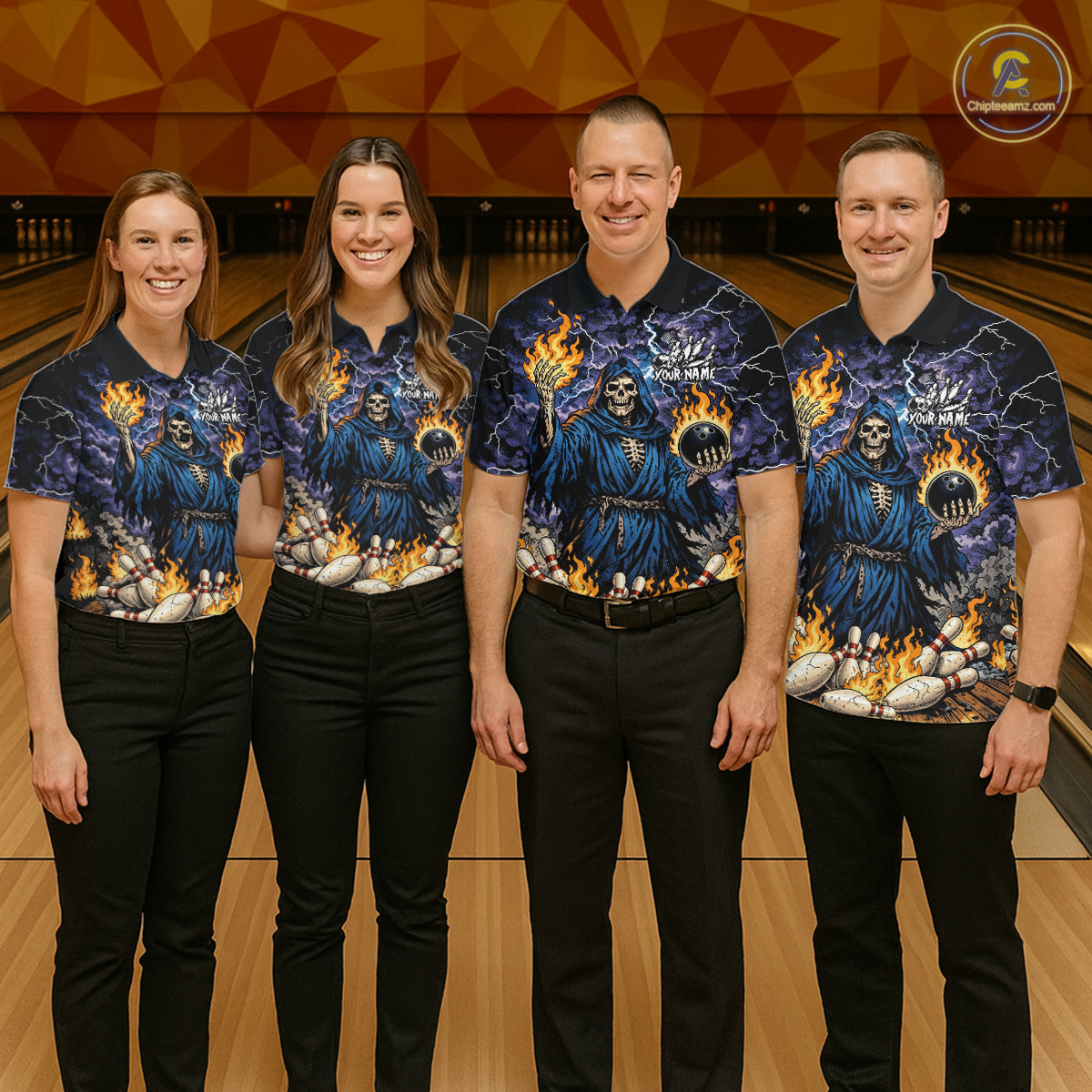 Custom Flame Grim Reaper Bowling Jersey for Women Polo & 1/4 Zip Bowling Team Shirts HNT222