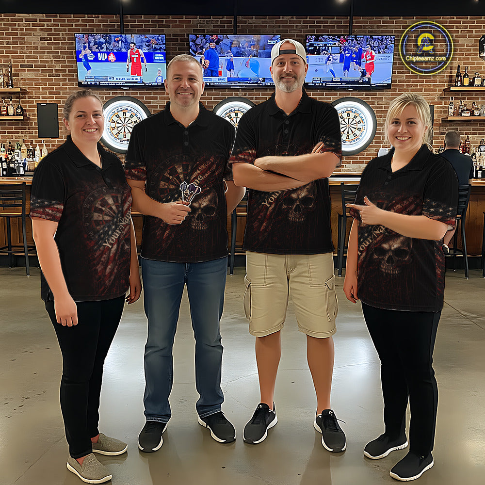 Red Grunge Retro American Flag Dartboard Women Dart Polo Shirt Custom Skull Dart Team Jerseys NYN2542