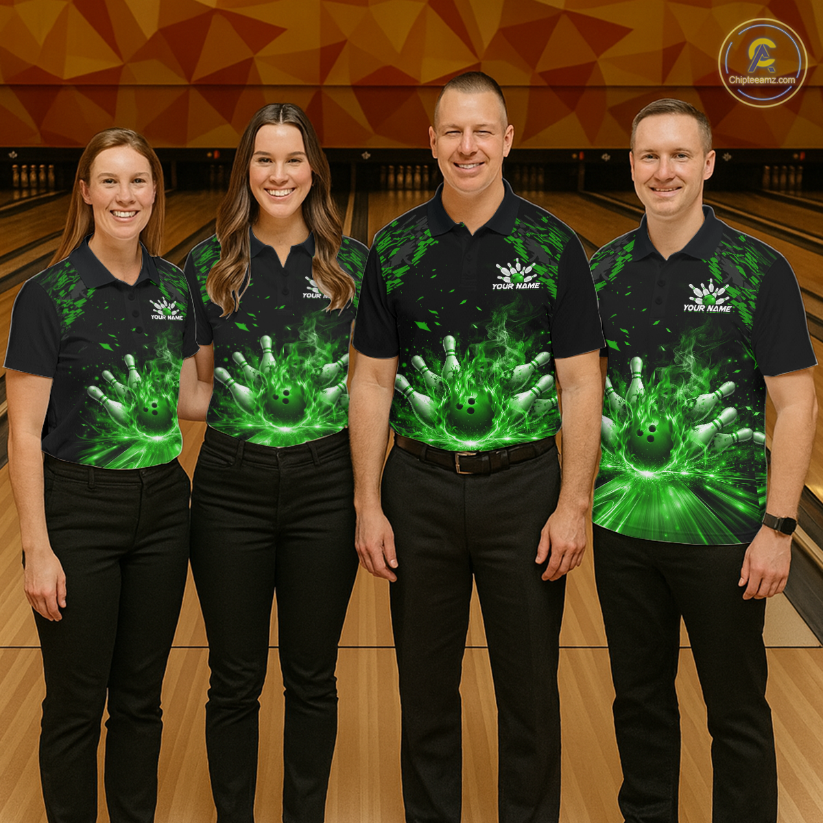 Custom Green Flame Bowling Team Shirt for Men Polo & 1/4-Zip Bowling Jersey Bowling League Uniform QZT866