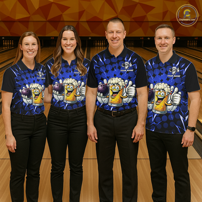 Custom Blue Funny Beer Bowling Jersey for Women Bowling Team Shirts Polo & 1/4 Zip HNT187